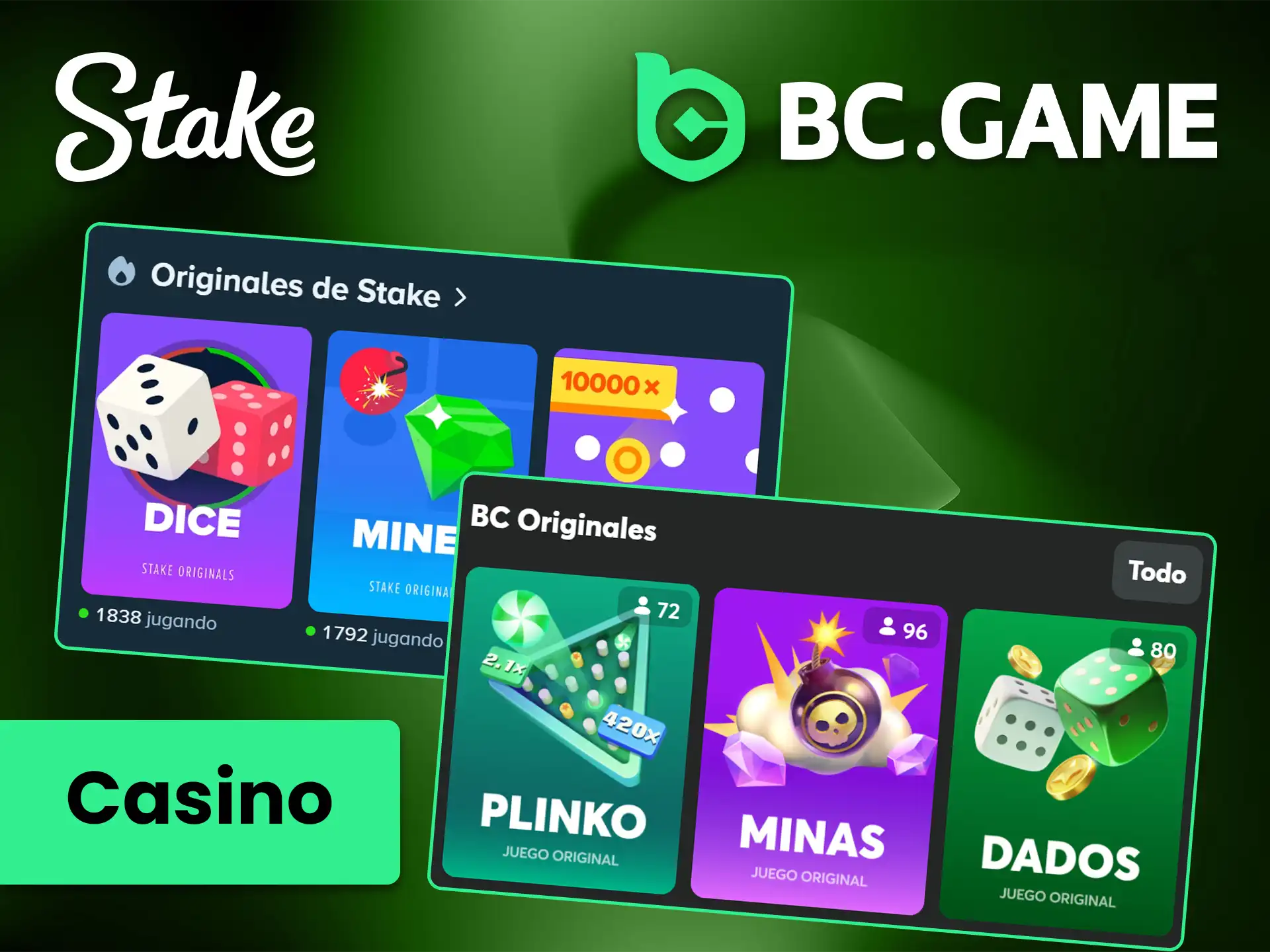 Compara los juegos de casino originales de BC Game y Stake.