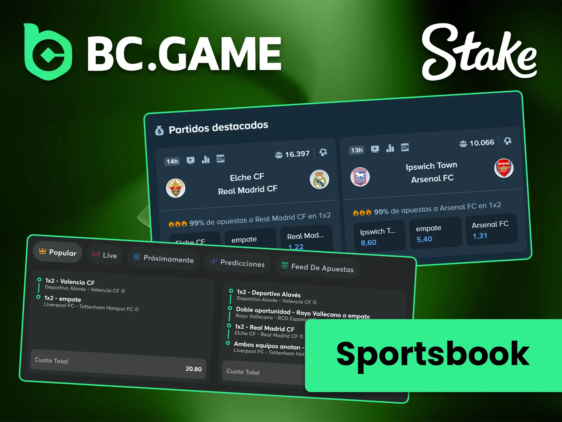 Elige la plataforma BC Game o Stake, que ofrecen las mejores apuestas deportivas.