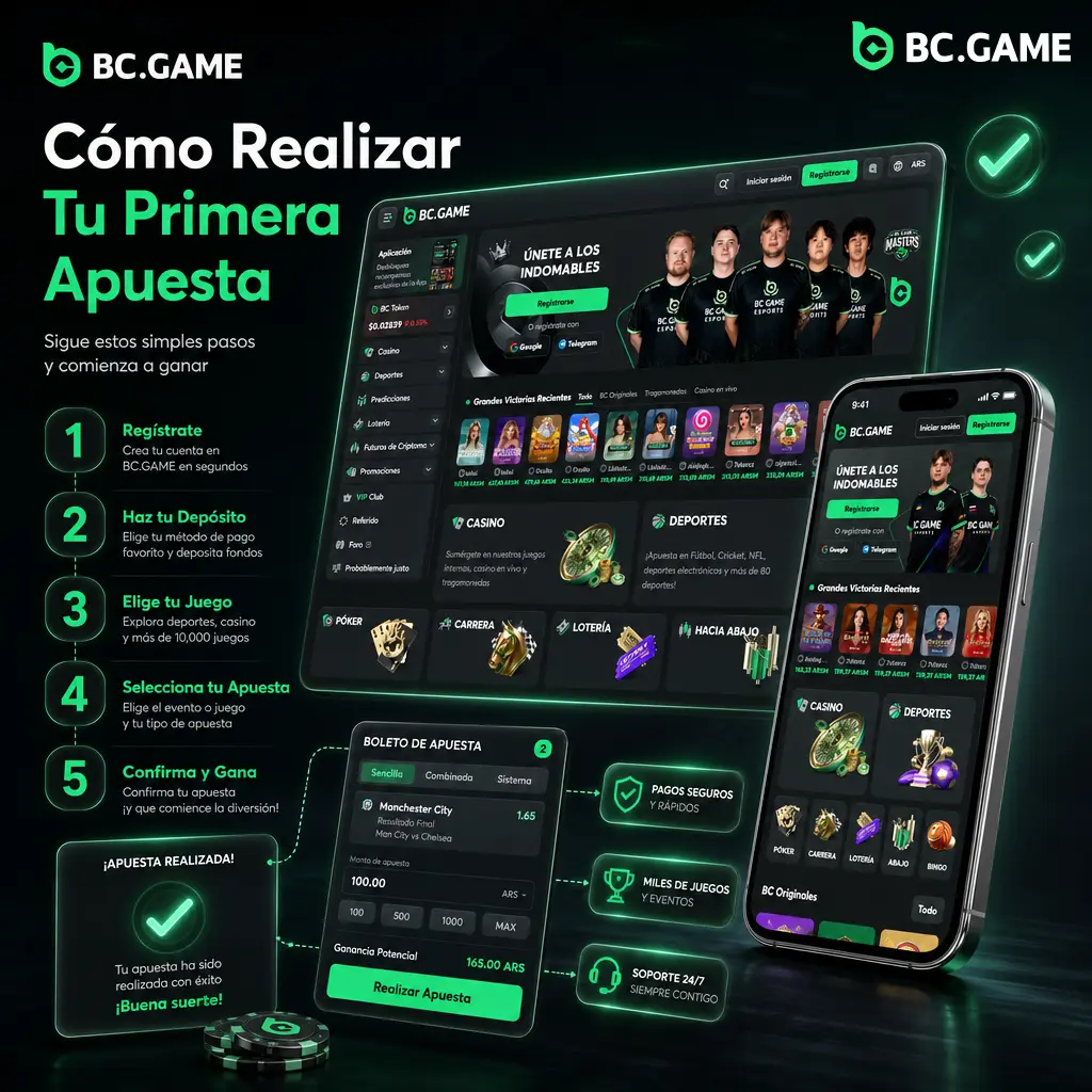 Guía paso a paso para realizar tu primera apuesta en BC.Game: registro, carga de saldo y confirmación del ticket.
