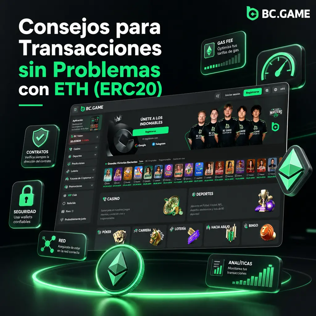 Consejos clave para transacciones seguras y rápidas con ETH (ERC20) en BC.Game: red correcta, hash, montos mínimos y KYC.