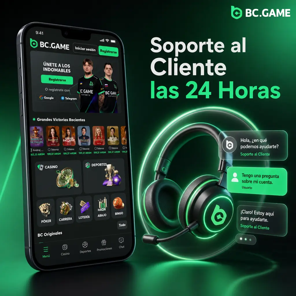 Soporte al cliente de BC.Game disponible las 24 horas, los 7 días, con chat en vivo en español y respuesta rápida.