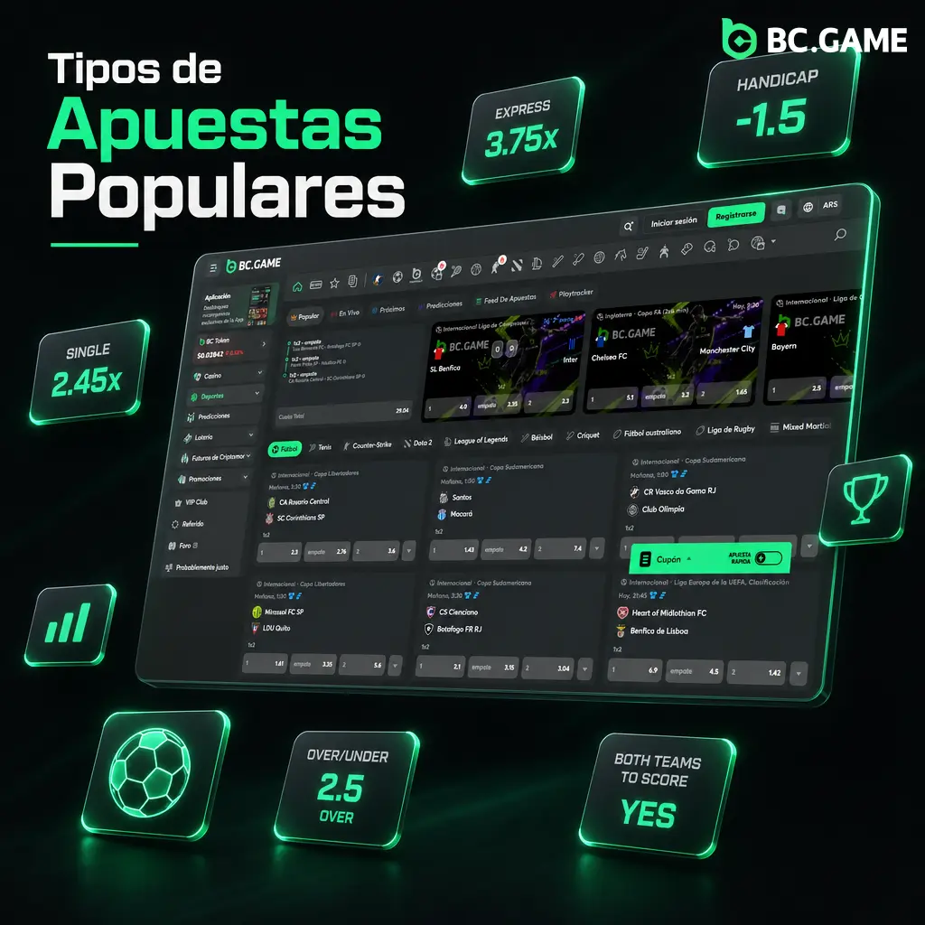 Tipos de apuestas en BC.Game: simple, combinada, sistema, hándicap y total, según riesgo y ganancia buscada.