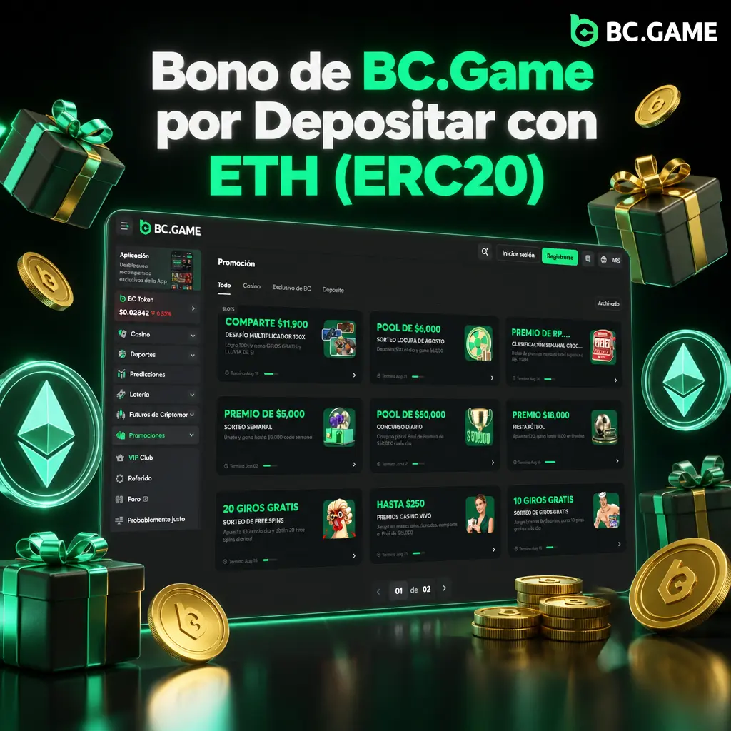 Bono de bienvenida BC.Game 1080% en 4 depósitos con ETH (ERC20), activable desde promociones antes de depositar.