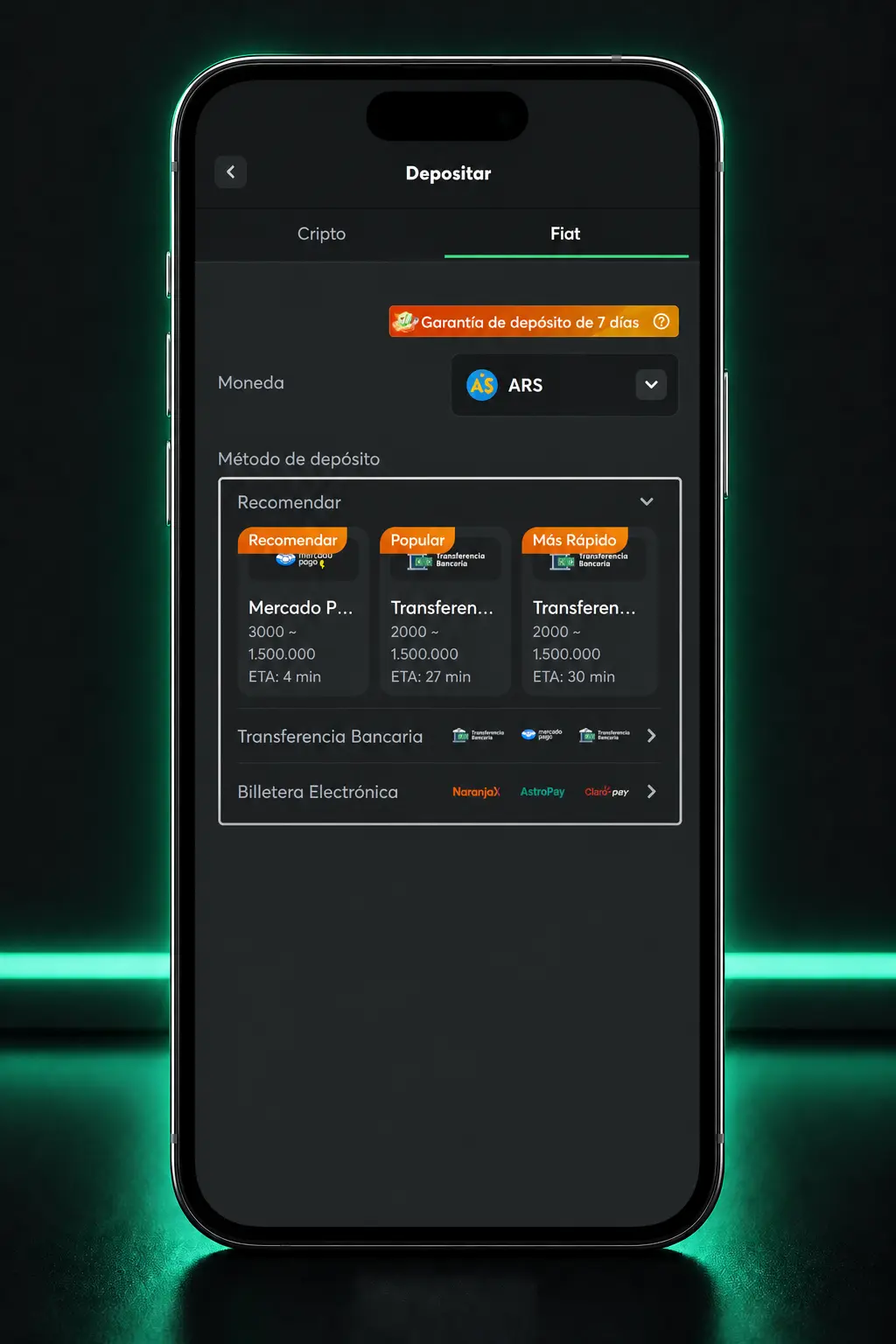Pasos para depositar con BNA+ en BC.Game desde el celular, con confirmación instantánea y carga mínima de ARS 5.000.
