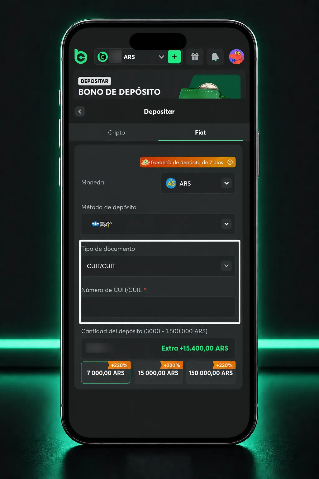 Pasos para depositar con BNA+ en BC.Game: seleccioná el monto, escaneá el código y confirmá el envío desde la app.