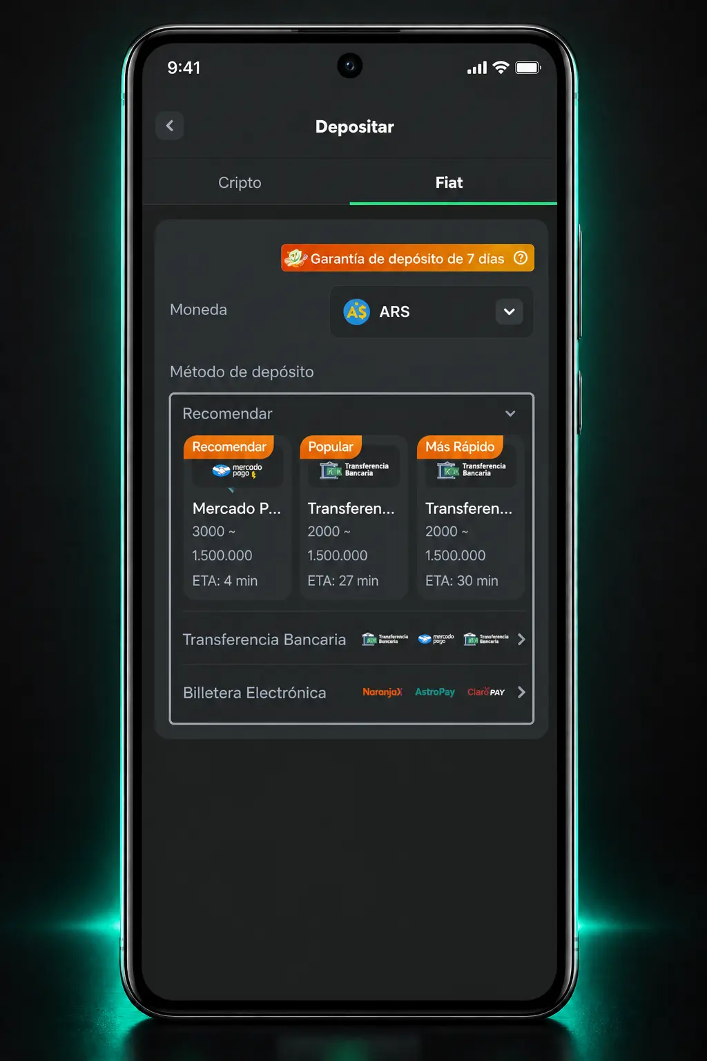 Pasos para depositar con Naranja X en BC.Game desde la app, con acreditación instantánea del saldo.