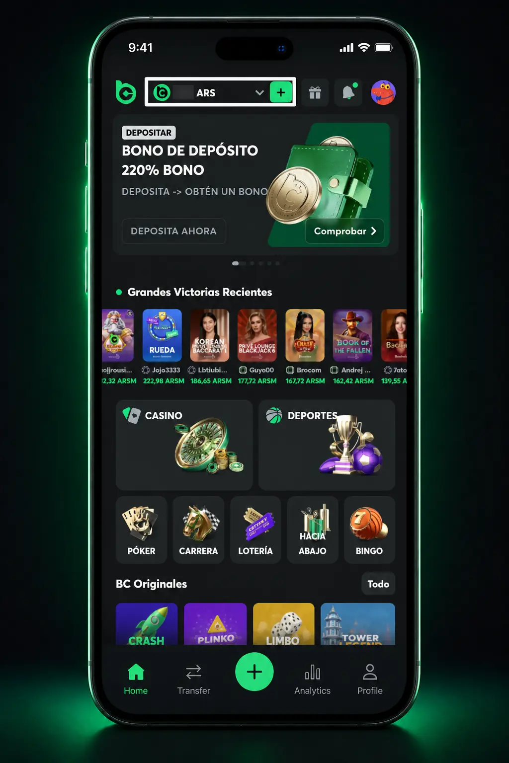 Pasos para depositar con Mercado Pago en BC.Game desde el celular, mostrando el panel de billetera y monto mínimo ARS 7.000.