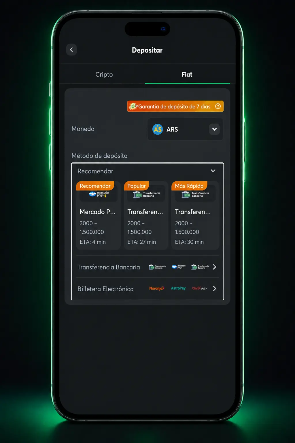 Pasos para depositar con Mercado Pago en BC.Game desde el celular, mostrando el panel de billetera y confirmación.