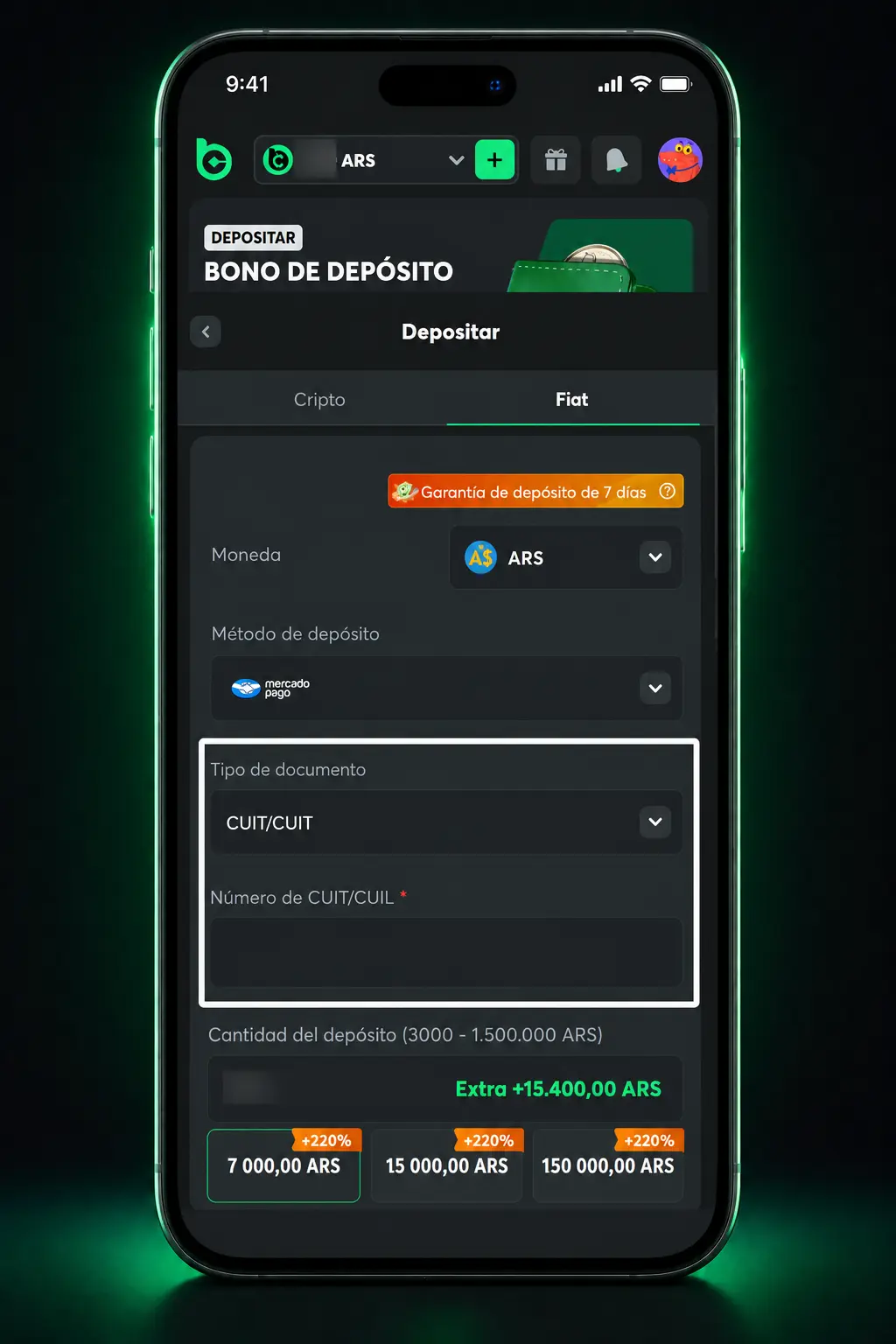Pasos para depositar con Mercado Pago en BC.Game desde el celular, mostrando el proceso de carga en la app
