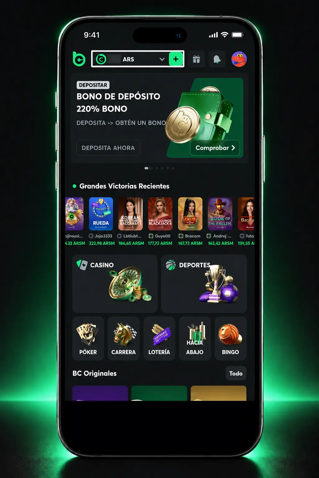 Pasos para depositar USDC en la red Base en BC.Game, mostrando selección de moneda y red en la plataforma