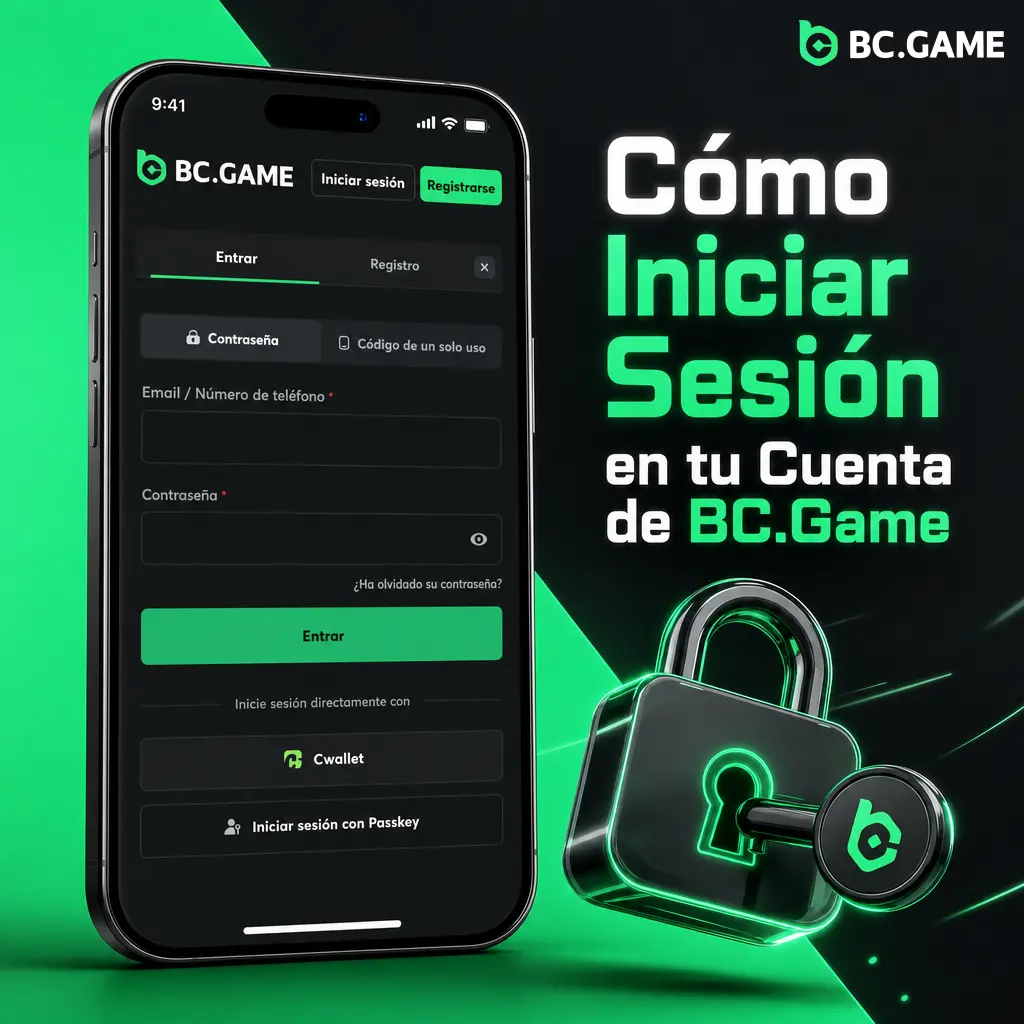 Pantalla de inicio de sesión en BC.Game mostrando los campos para ingresar correo o teléfono y contraseña.