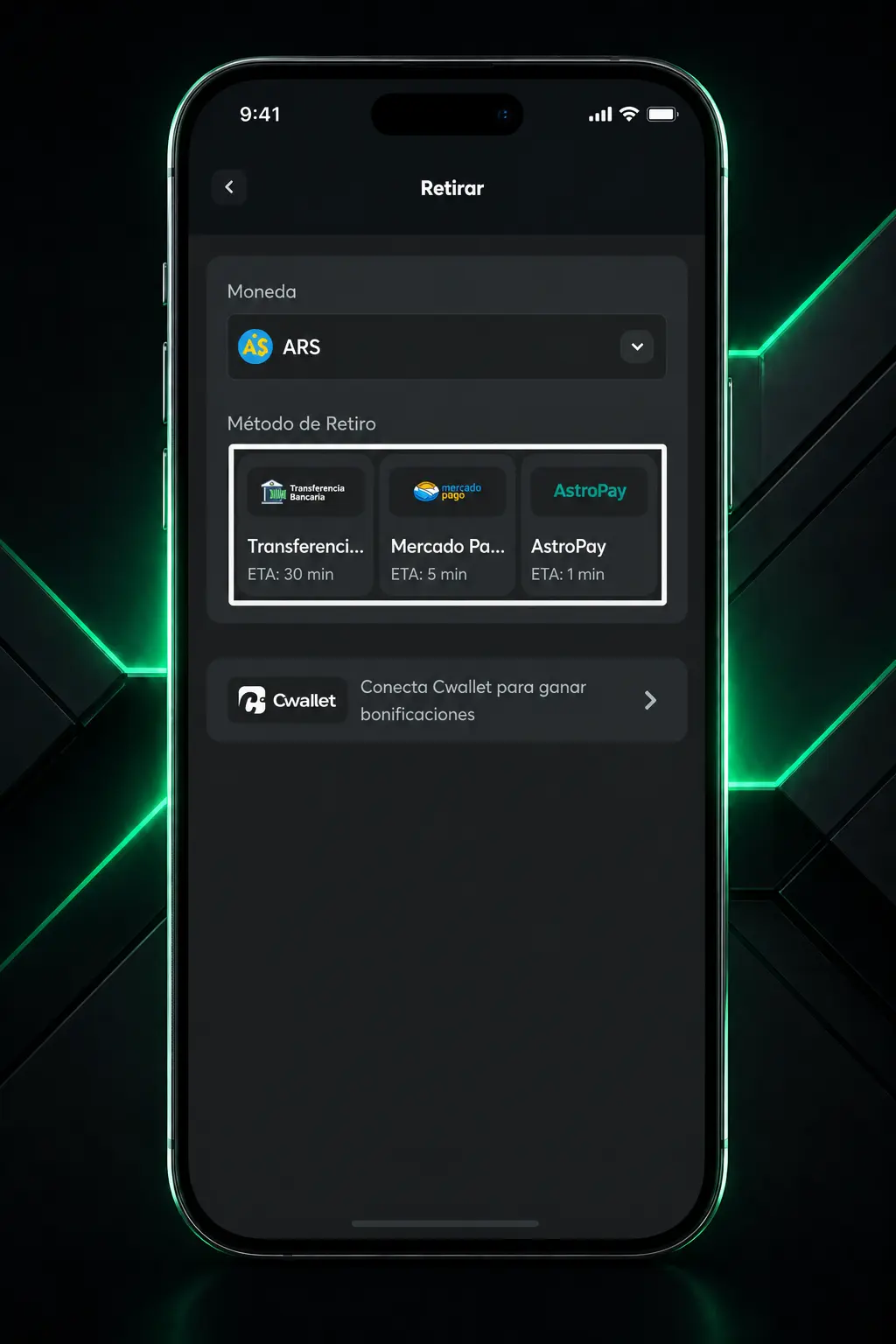 Captura de pantalla mostrando cómo retirar ganancias en ETH (ERC20) desde BC.Game paso a paso
