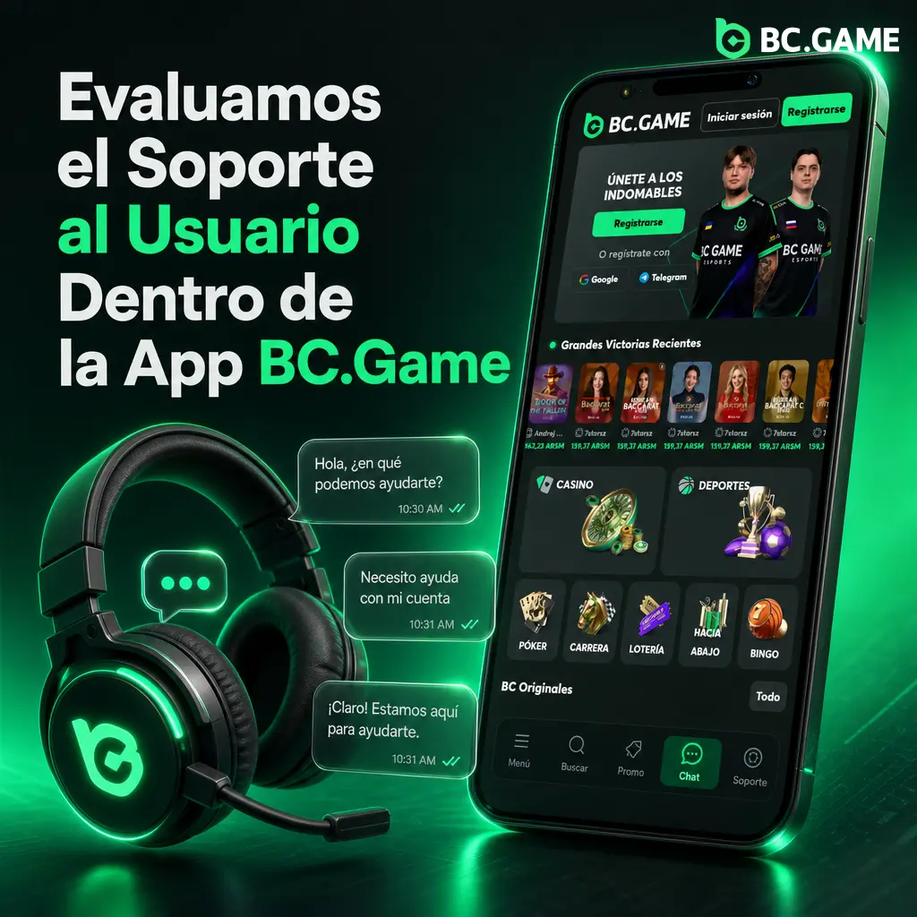 Captura de la app BC.Game mostrando el chat de soporte en vivo disponible las 24 horas para usuarios en Argentina