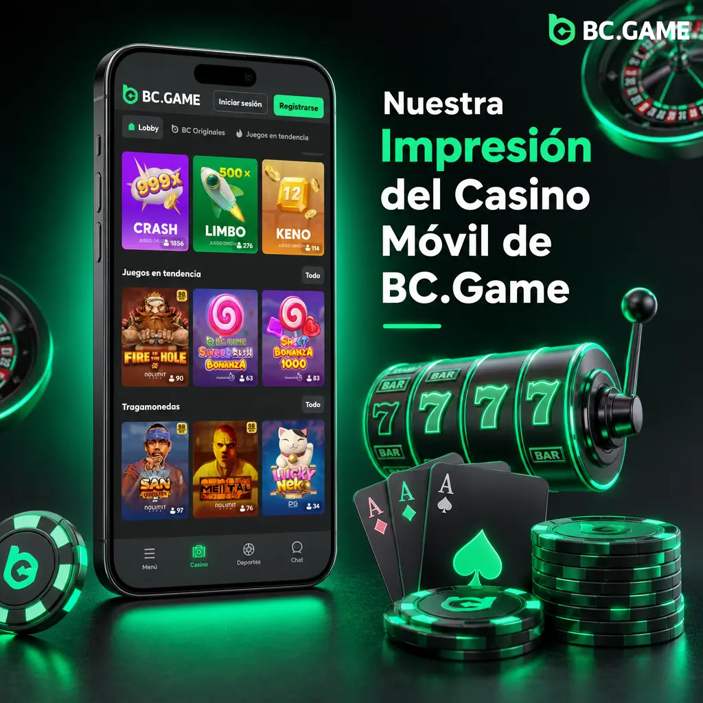 Casino móvil de BC.Game con tragamonedas, juegos en vivo, mesas y BC Originals organizados por categorías en la pantalla principal.