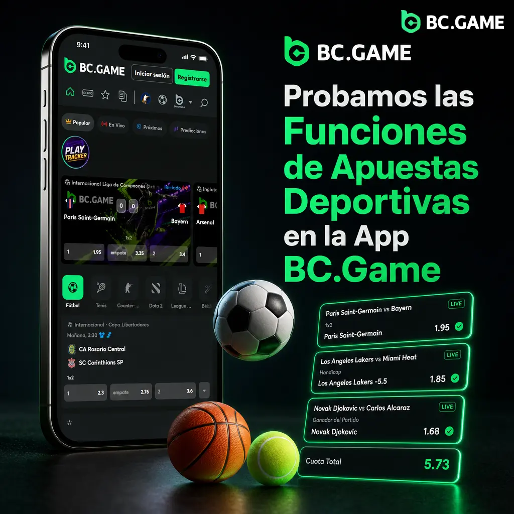 Captura de la app BC.Game mostrando apuestas deportivas en vivo y pre-partido con cuotas actualizadas por disciplina.