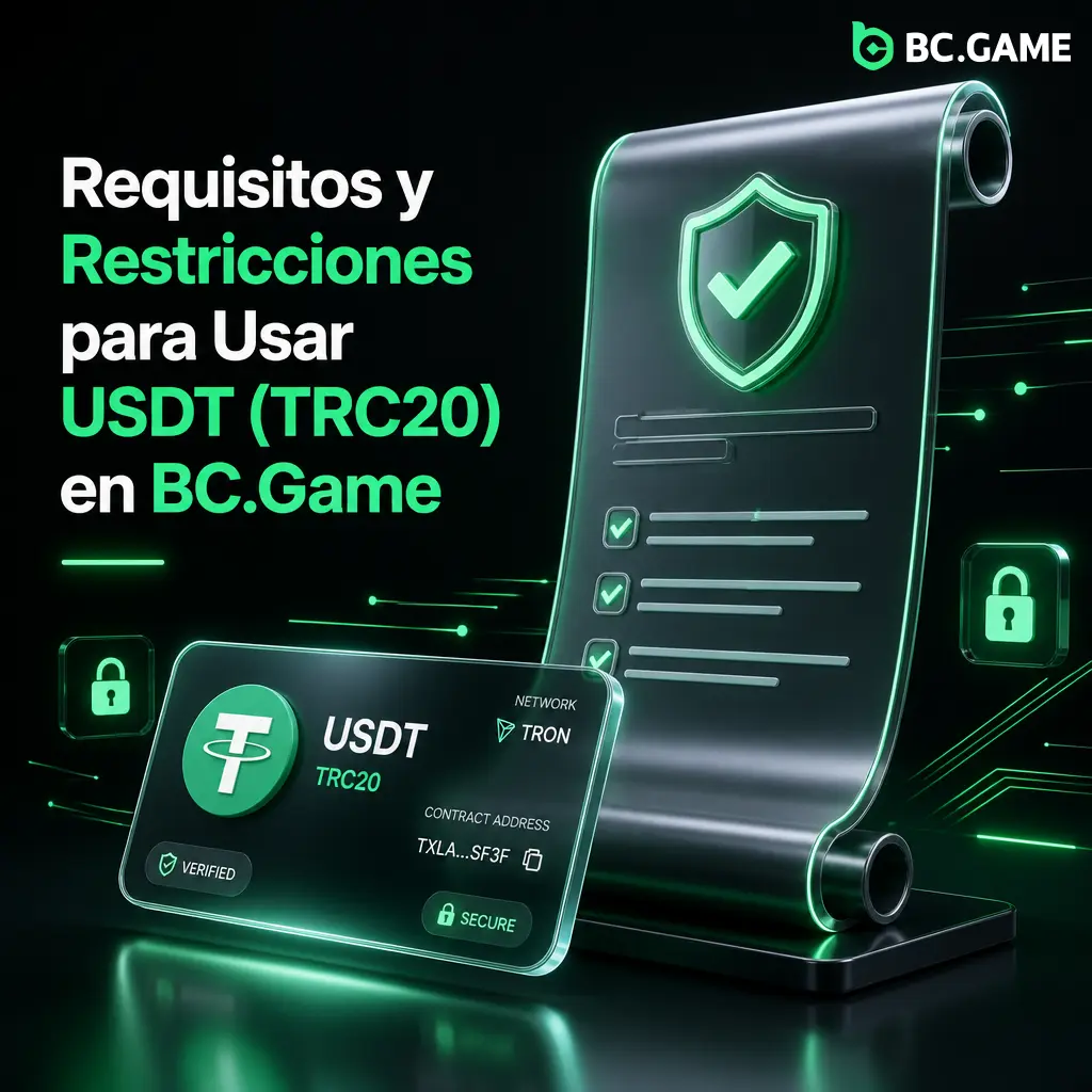 Requisitos de BC.Game para USDT TRC20: KYC con DNI, wallet a nombre propio y rollover 40x antes de retirar.
