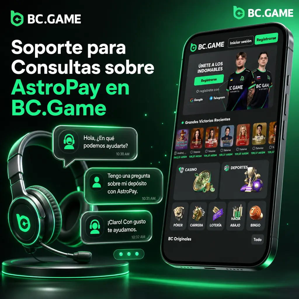 Soporte 24/7 de BC.Game para consultas sobre depósitos y retiros con AstroPay mediante chat, email y Telegram