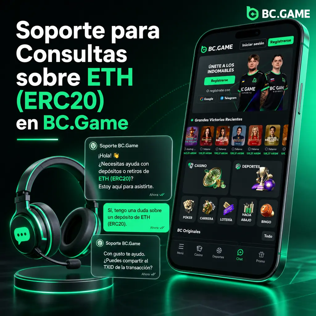 Soporte 24/7 de BC.Game para consultas sobre depósitos y retiros con ETH (ERC20) vía chat, email y Telegram.