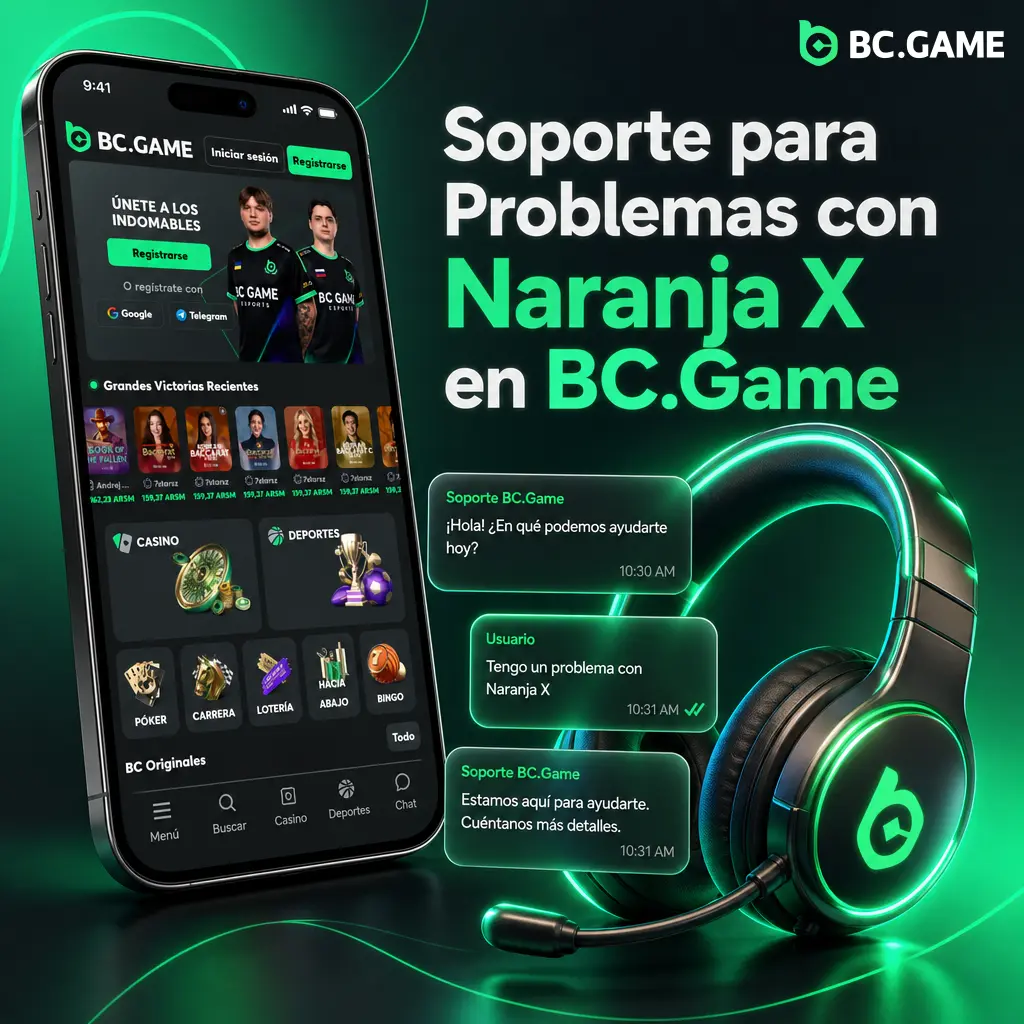 Soporte 24/7 de BC.Game para resolver problemas con depósitos y retiros vía Naranja X mediante chat, correo o Telegram.